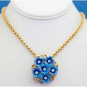 24 inch, Vintage Blue Floral Clear Rhinestones Gold Tone Necklace by Avon - D44